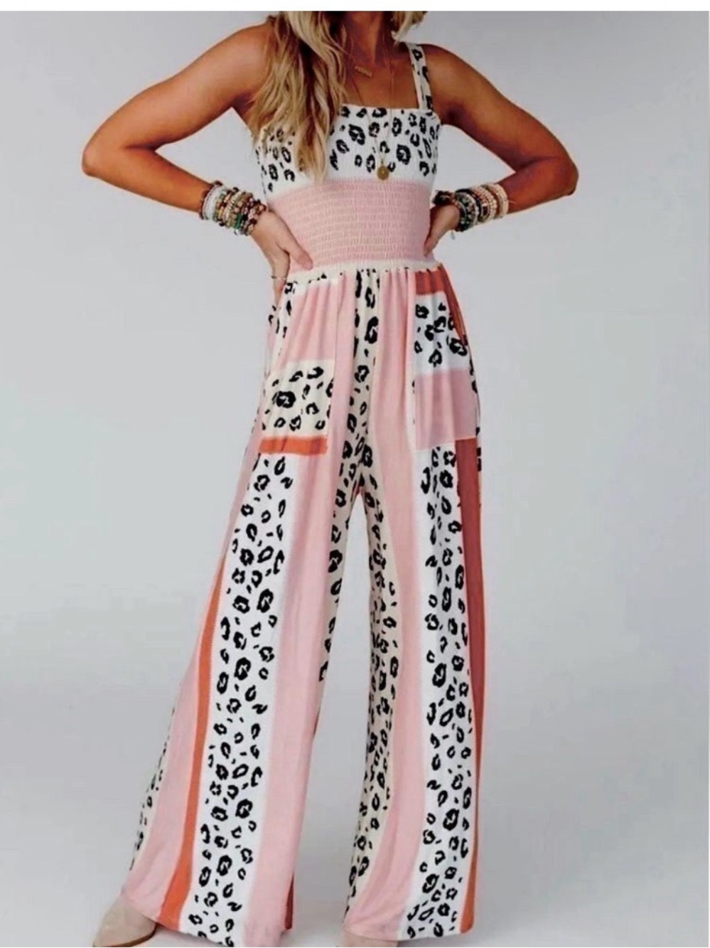 Women’s Pink Leopard Print Wide-Leg Jumpsuit